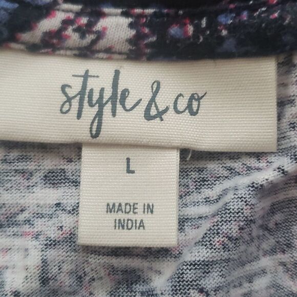 Style & Co Woman's Large Black Floral SS Floral Print Scoop Cotton Shirt - Picture 4 of 6